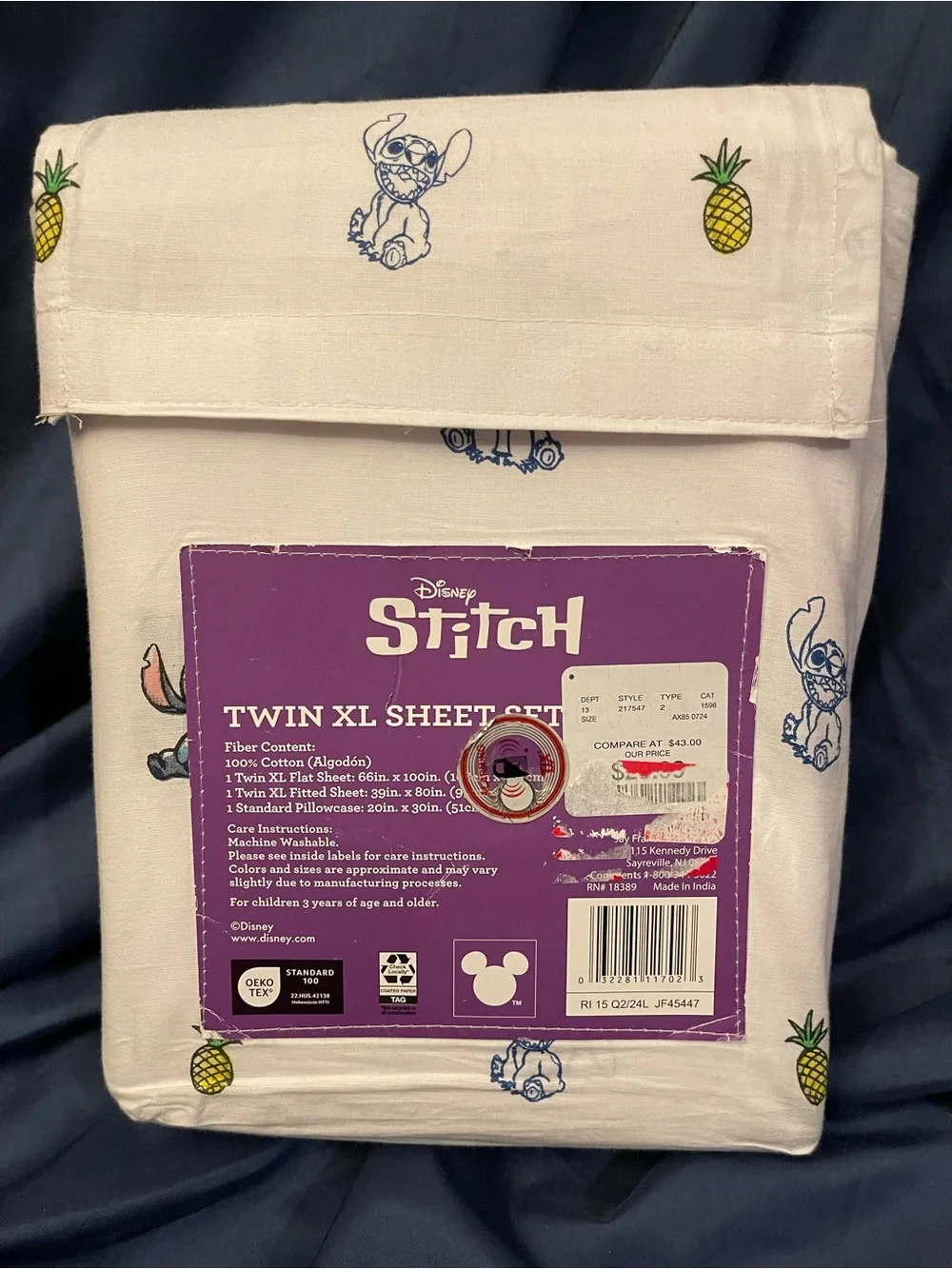 Disney Stitch Twin XL Sheet Set - White with Blue Stitch & Yellow Pineapple